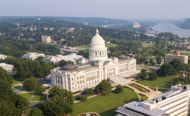 a sky view of the Arkansas state capitol building