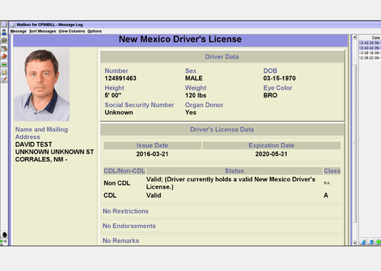 a driver's license being displayed on the OpenFox® Mobile Messenger