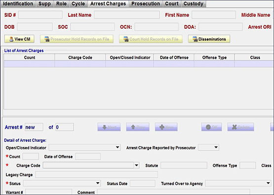 arrest charges tab for OpenFox® Messenger Workstation