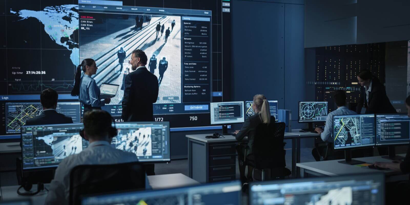 government officers discuss working matters next to a big digital screen