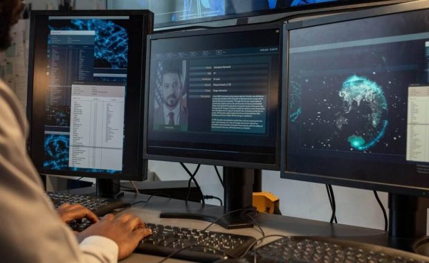 policeman entering personal data of suspect into computer database while sitting in front of monitors in office