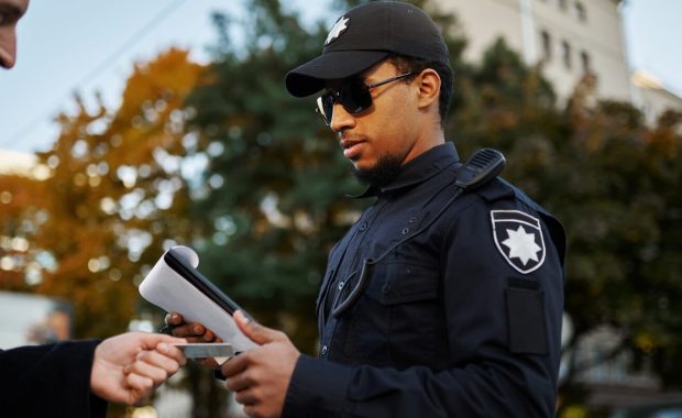 police checking the driver's license from driver