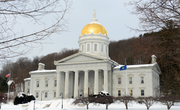Vermont state capitol building covered in snow