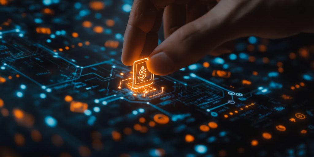 Hand placing a glowing digital coin onto a circuit board, symbolizing the future of finance and blockchain technology
