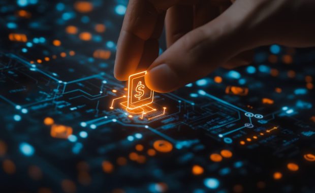 Hand placing a glowing digital coin onto a circuit board, symbolizing the future of finance and blockchain technology