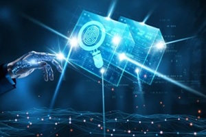 businessman mechanical robotic hand touching digital forensics network technology on interface