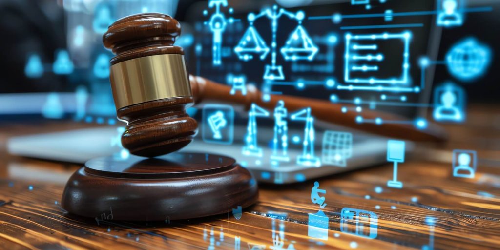gavel on wooden desk with digital legal icons