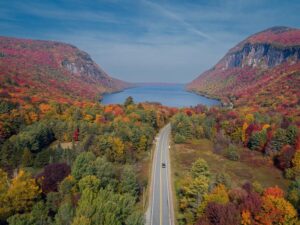 Fall Foliage Road To Lake Willoughby, Vermont With Beautiful Colors and Mountains