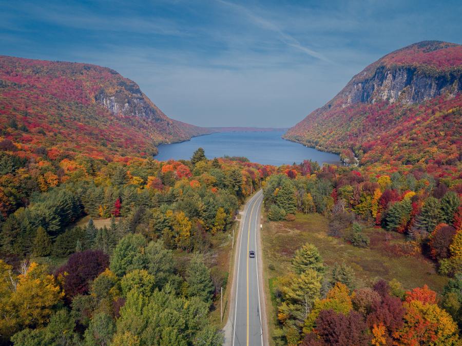 Fall Foliage Road To Lake Willoughby, Vermont With Beautiful Colors and Mountains