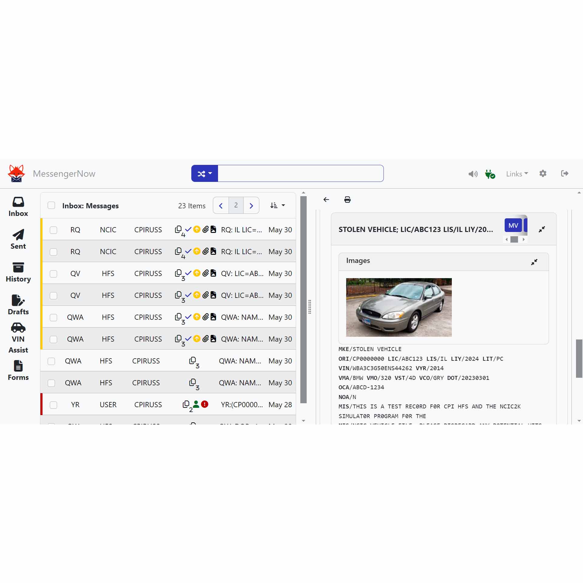 MessengerNow browser-based CJIS workstation interface showing NCIC query results on a ruggedized police laptop.