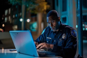 black police officer working on a laptop