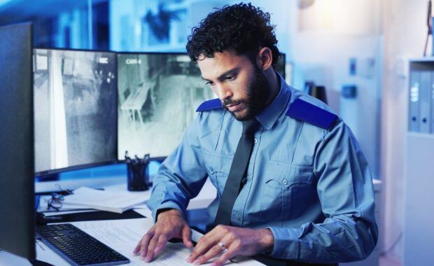 computer screen and security with man in office at night for monitoring, protection or safety