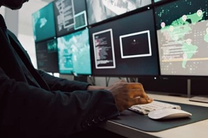 computer, security and person on screen for surveillance, global investigation and protection