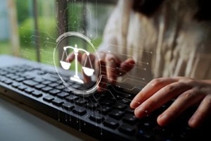 futuristic digital law interface displaying justice scale