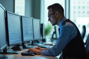 man in office types on keyboard looking at computer screen