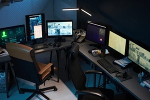 empty office workspace featuring multiple computer monitors displaying surveillance footage and data analysis, ergonomic chairs positioned around desks