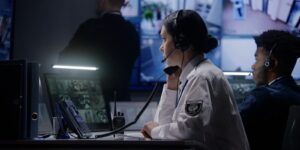 female security officer works on computer in police monitoring center