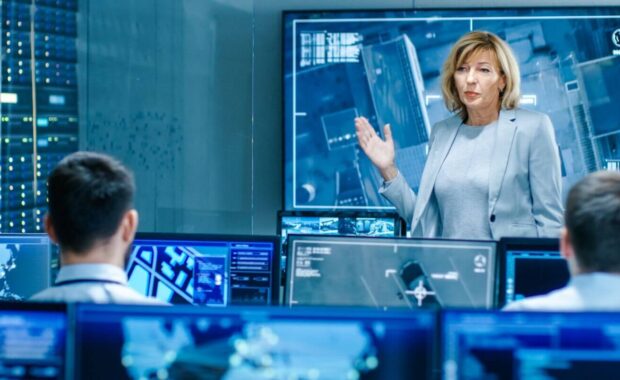 in the government surveillance facility team of officers organize interception plan with help of satellite navigation