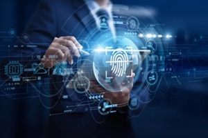 security officer using digital tablet online connect Biometric systems enabling fingerprint recognition