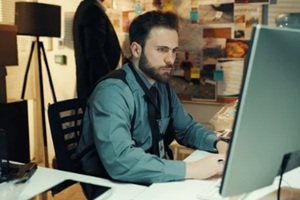 detective or research on computer at night for reading evidence, problem solving or case report