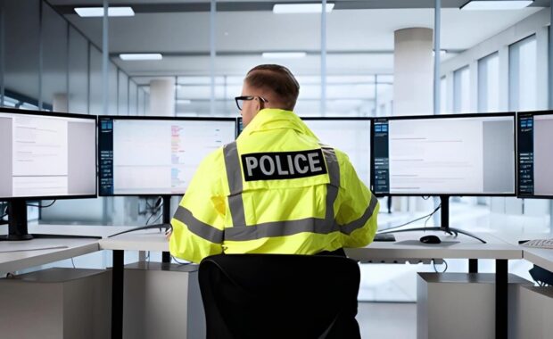 police officer using new security system to monitor event patrol