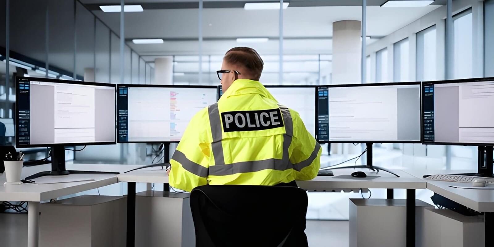 police officer using new security system to monitor event patrol