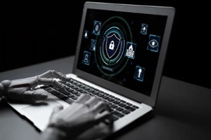 Futuristic Robot Hand Typing on Laptop with Cybersecurity Symbols