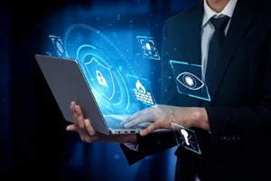 modern businessman using laptop with cybersecurity icons and digital protection concept in futuristic environment quark