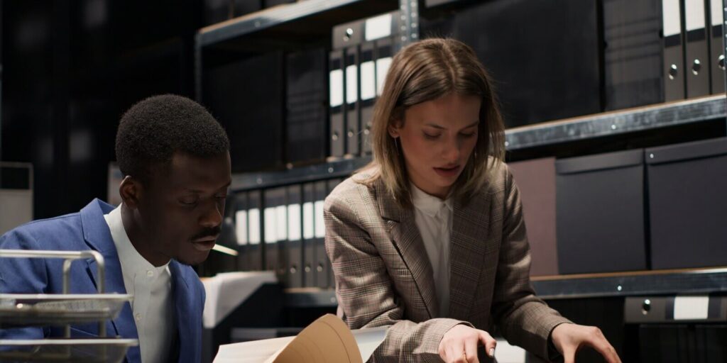 policewoman with rucksack enters office with african american investigator clutching case papers