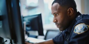police officer entering suspects personal data into computer database law enforcement technology side view in office