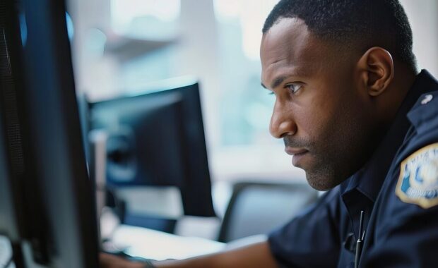 police officer entering suspects personal data into computer database law enforcement technology side view in office