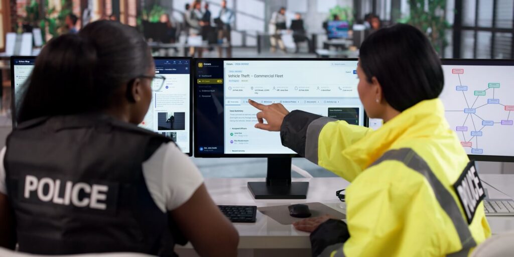 police officer woman reviewing digital case files