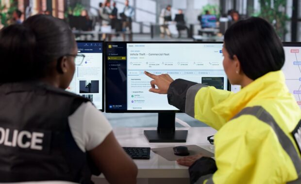 police officer woman reviewing digital case files