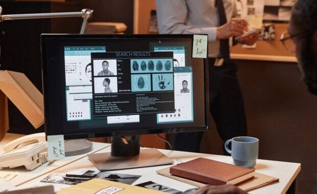 closeup of male detective using computer at workplace and reading suspects personal profile on screen, copy space
