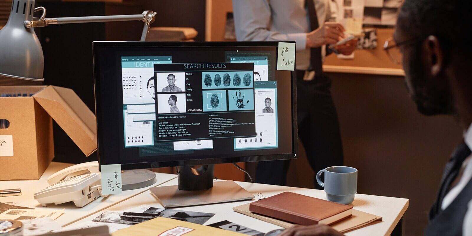 closeup of male detective using computer at workplace and reading suspects personal profile on screen, copy space