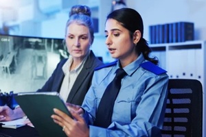 security guard or tablet with surveillance for safety check, observation or building coverage at office