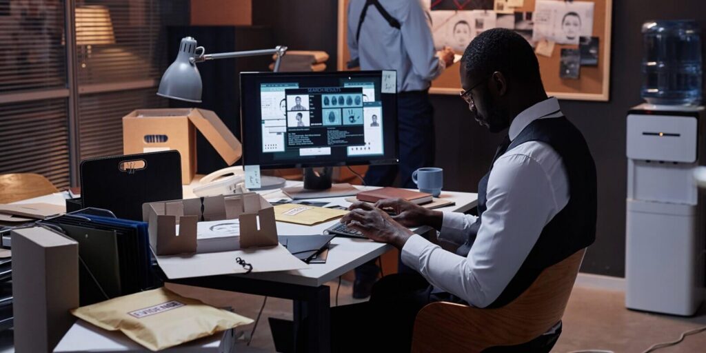 side view portrait of African American male detective using computer at workplace with personal profile - law enforcement grants