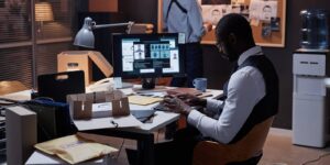 side view portrait of African American male detective using computer at workplace with personal profile - law enforcement grants