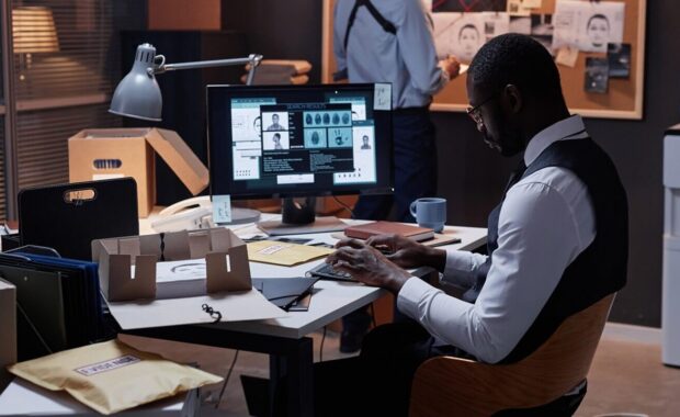 side view portrait of African American male detective using computer at workplace with personal profile - law enforcement grants
