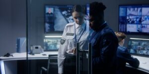 african american male officer uses tablet and talks to female coworker