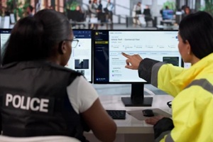 police officer woman reviewing digital case files